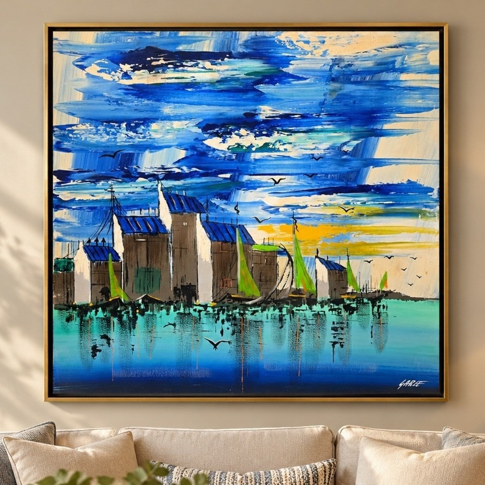 Vintage Garee Signed Abstract Harbor Oil Painting Mid Century Modern Large 37x37